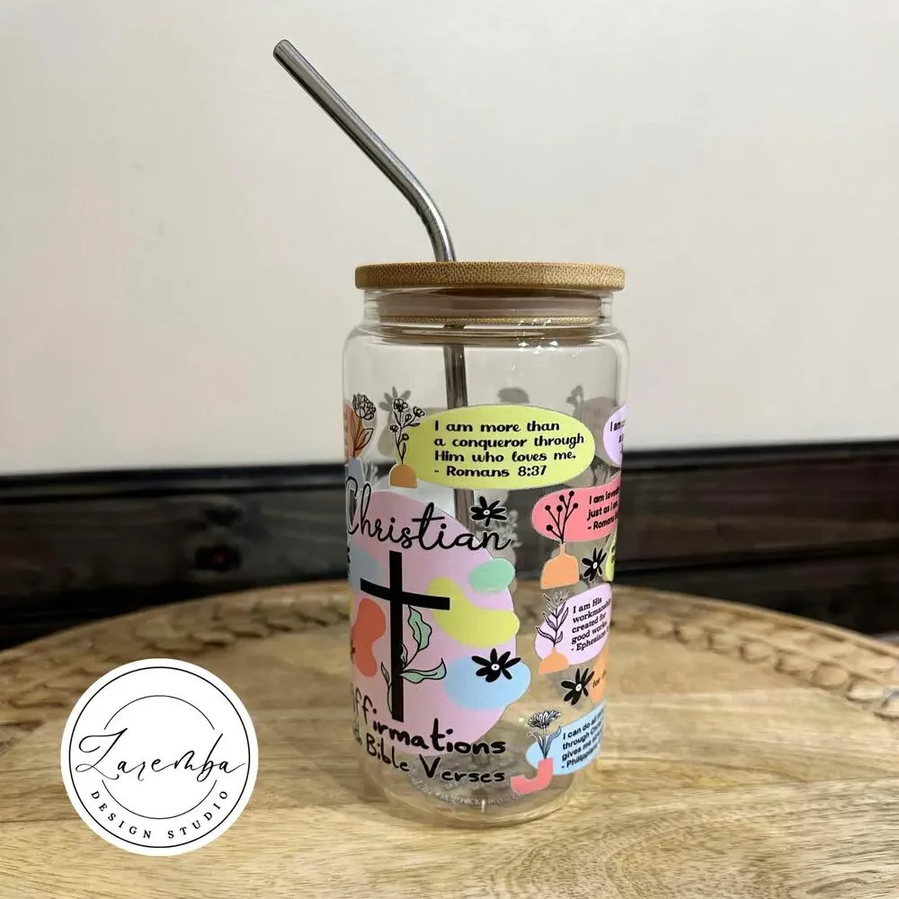 Christian Affirmations with Bible Verses Libbey Cup, Religious Beer Can Glass